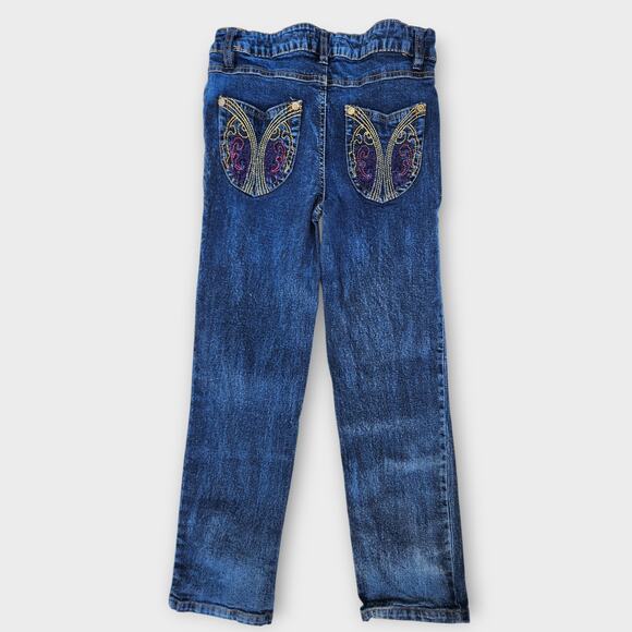Apple Bottom Jeans Kids Girls Sz 8 Blue Denim Embroidered Pockets Slim Fit *Flaw - Picture 2 of 7